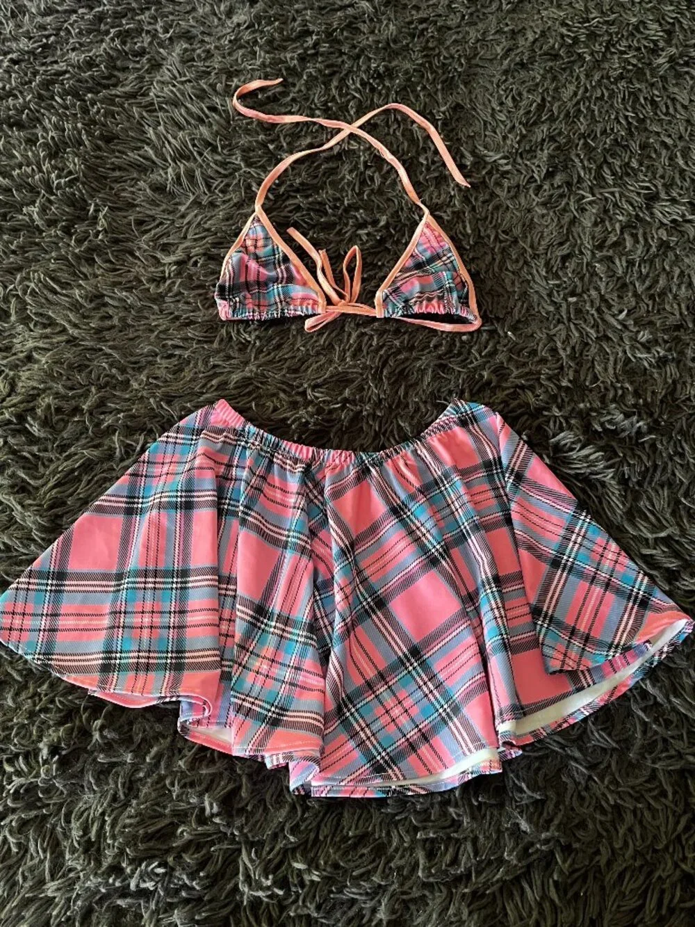 Handmade Y2K Rave Pink & Plaid Skater Skirt Set